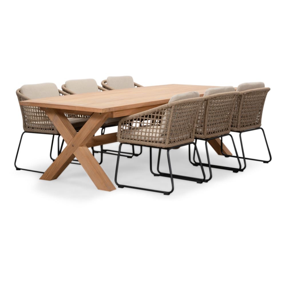 Riga/Tulum Sahara Dust dining tuinset | 6 personen | teakhout + touw | 250cm afbeelding