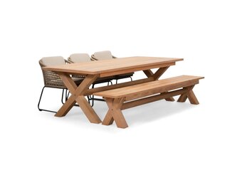 Riga/Tulum Sahara Dust stoel-bank dining tuinset | 6 personen | hardhout + touw | 250cm