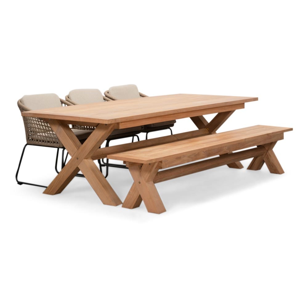 Riga/Tulum Sahara Dust stoel-bank dining tuinset | 6 personen | hardhout + touw | 250cm afbeelding