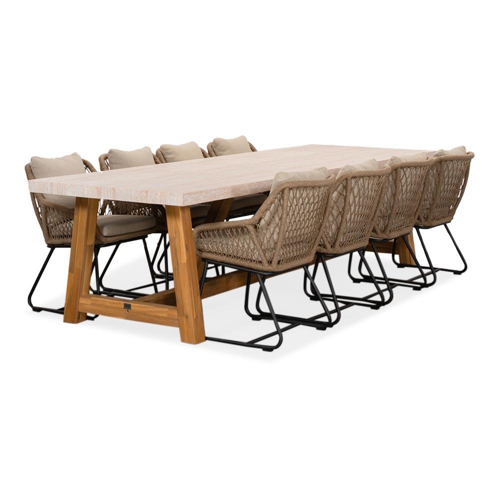 Velora/Portofino Sahara Dust dining tuinset | 8 personen | travertin + touw | 300cm