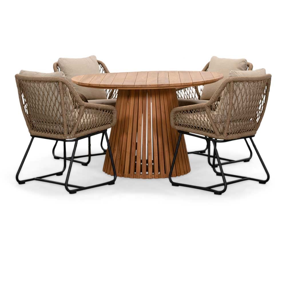 Palau/Portofino Sahara Dust dining tuinset | 4 personen | teakhout + touw | 120cm rond
