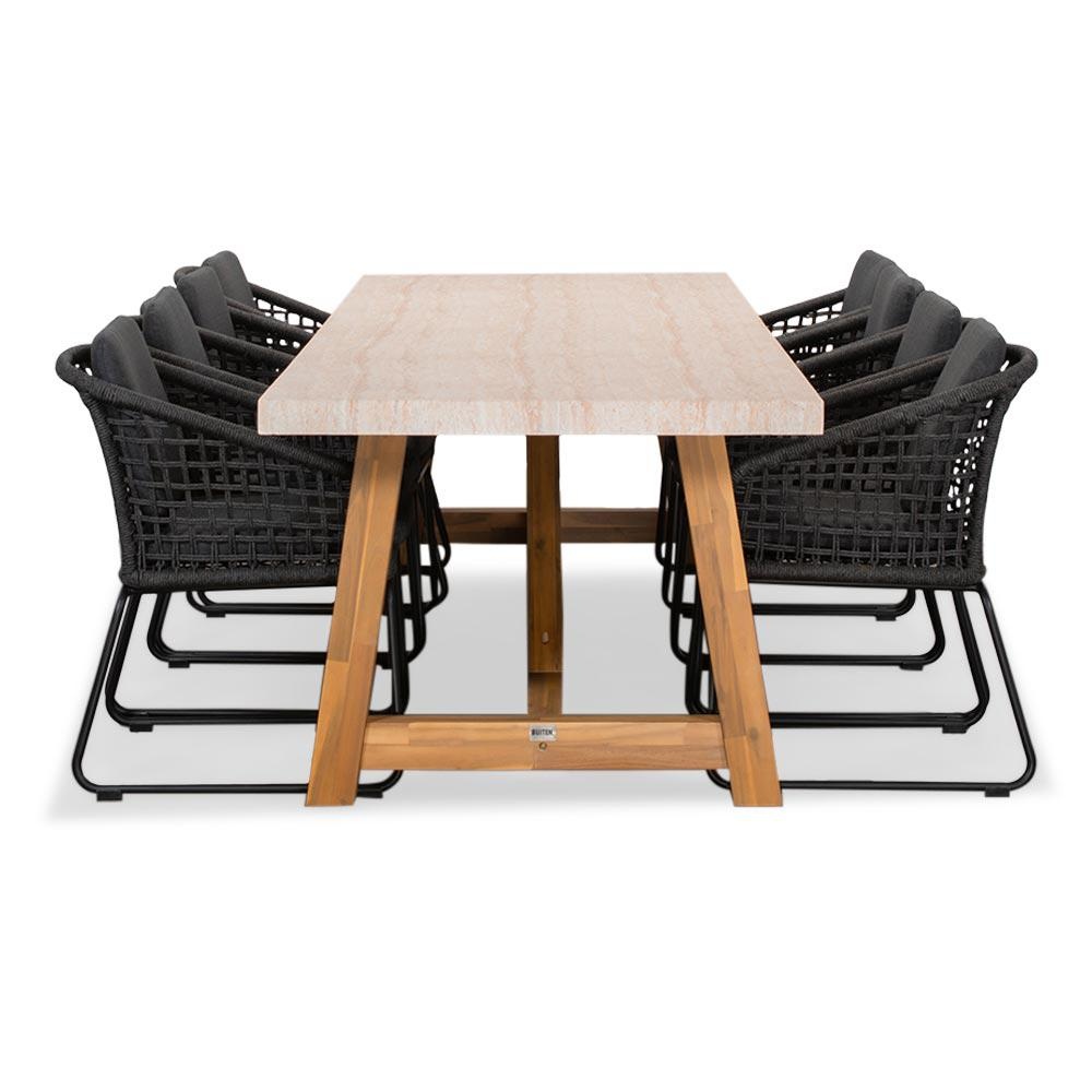 Velora/Tulum Lava Grey dining tuinset | 8 personen | travertin + touw | 300cm