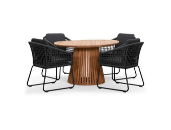 Palau/Tulum Lava Grey dining tuinset | 4 personen | teakhout + touw | 120cm rond
