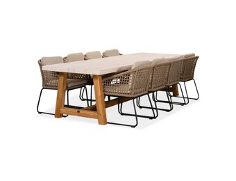 Velora/Tulum Sahara Dust dining tuinset | 8 personen | travertin + touw | 300cm