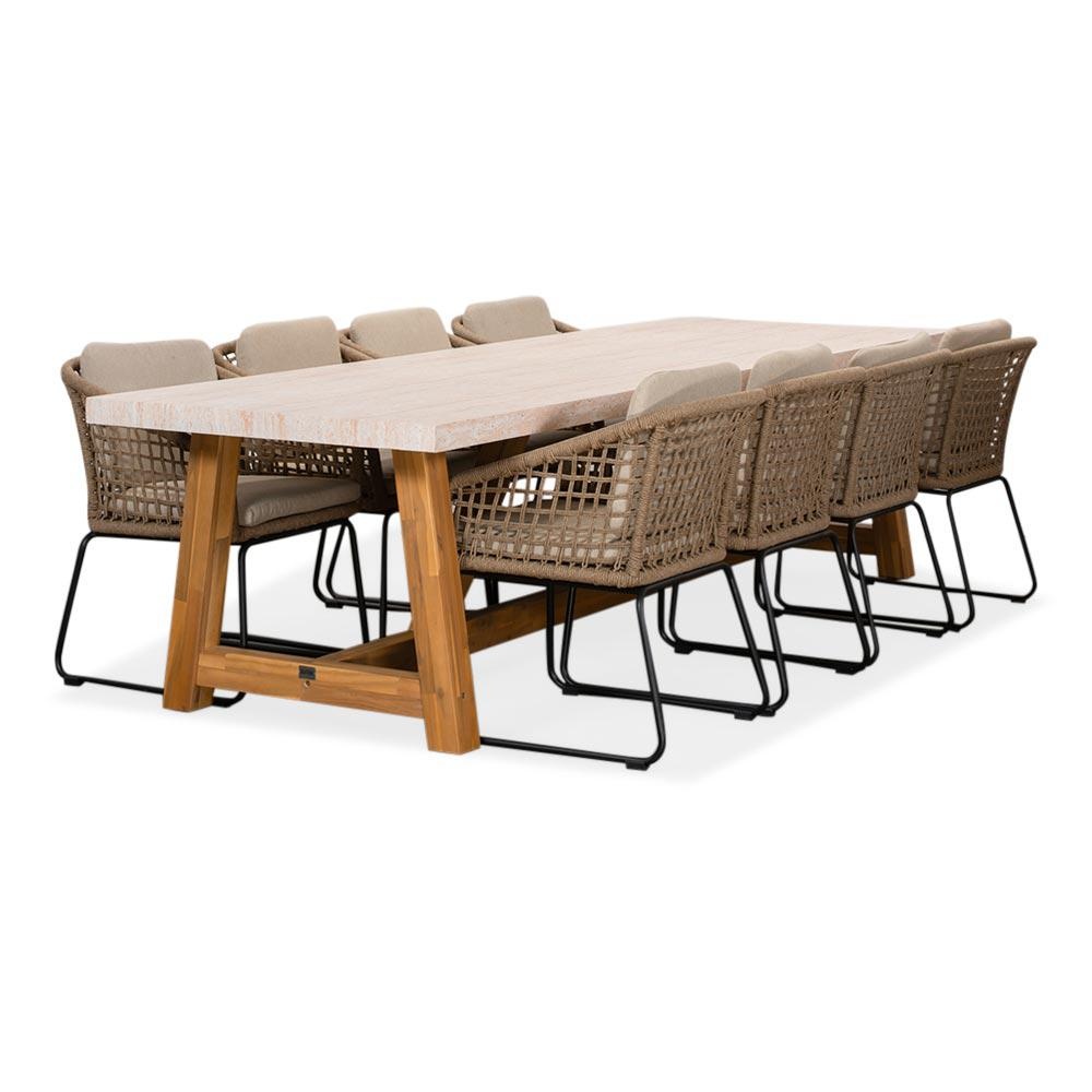 Velora/Tulum Sahara Dust dining tuinset | 8 personen | travertin + touw | 300cm
