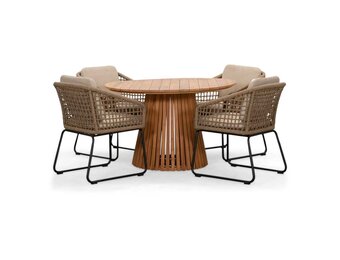 Palau/Tulum Sahara Dust dining tuinset | 4 personen | teakhout + touw | 120cm rond