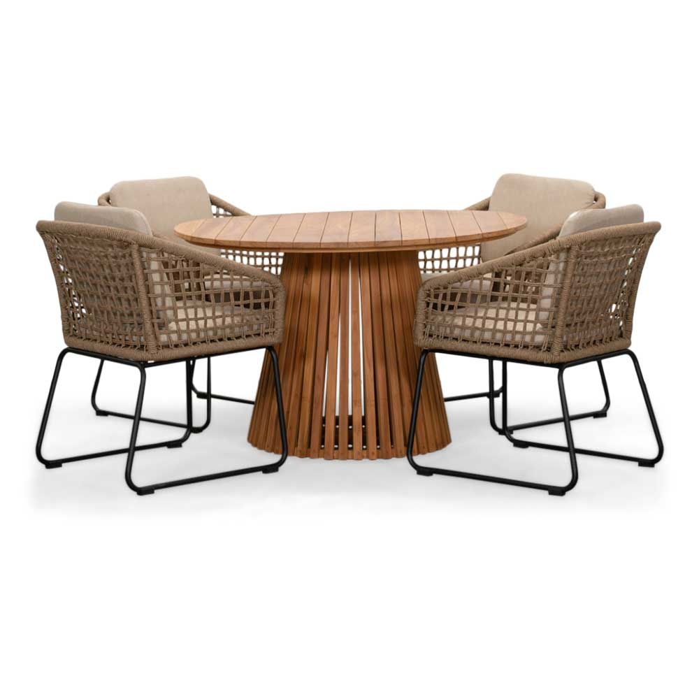 BUITEN living Palau/Tulum Sahara Dust dining tuinset | 4 personen | teakhout + touw | 120cm rond – Zand