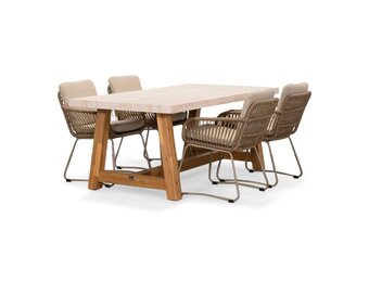 Velora/Harper Sahara Dust dining tuinset | 4 personen | travertin + touw | 200cm