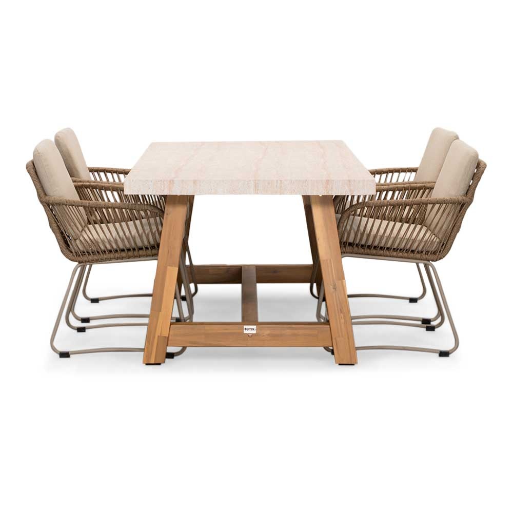Velora/Harper Sandstone dining tuinset | 4 personen | travertin + touw | 200cm