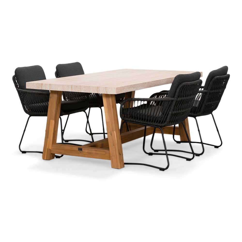 Velora/Harper Lava Grey dining tuinset | 4 personen | travertin + touw | 200cm afbeelding