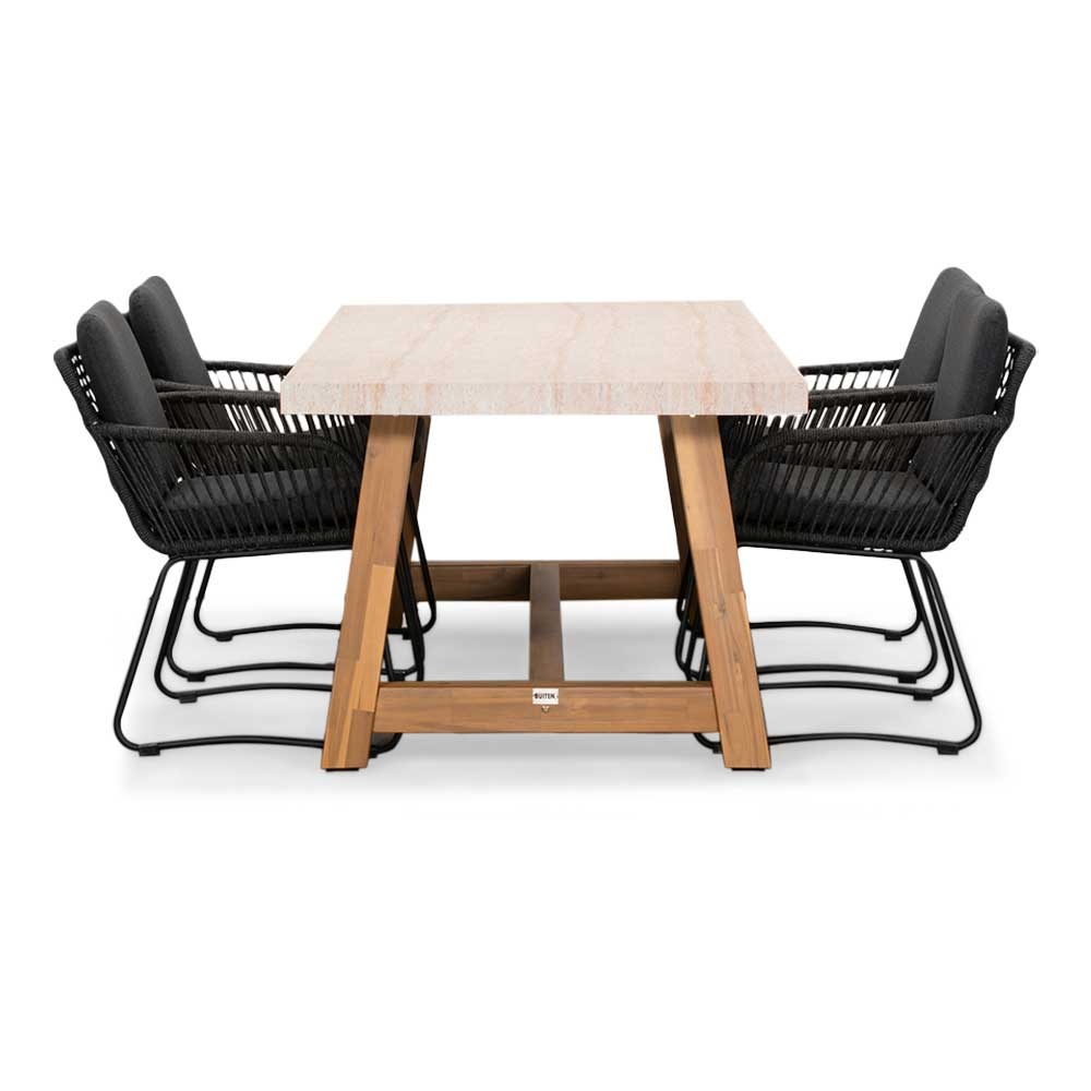Velora/Harper Lava Grey dining tuinset | 4 personen | travertin + touw | 200cm