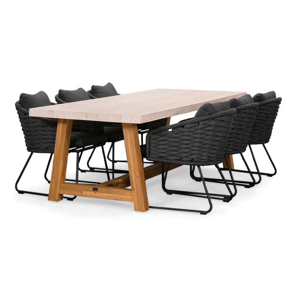 Velora/Ropera Lava Grey dining tuinset | 6 personen | travertin + touw | 250cm
