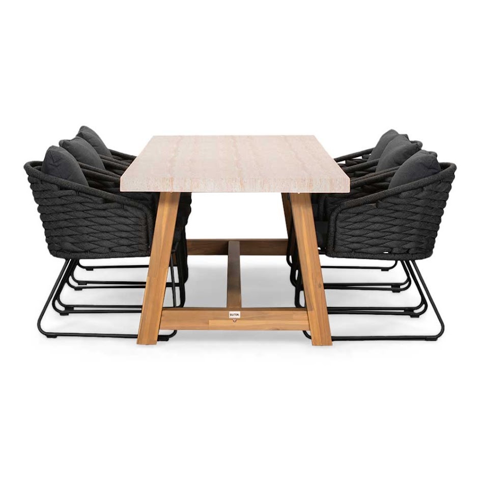 Velora/Ropera Lava Grey dining tuinset | 6 personen | travertin + touw | 250cm
