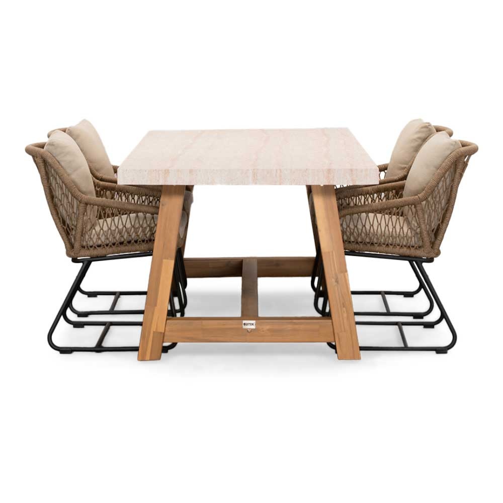 Velora/Portofino Sahara Dust dining tuinset | 4 personen | travertin + touw | 200cm