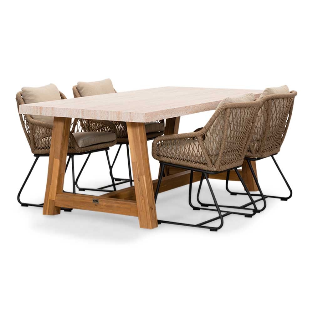 Velora/Portofino Sahara Dust dining tuinset | 4 personen | travertin + touw | 200cm