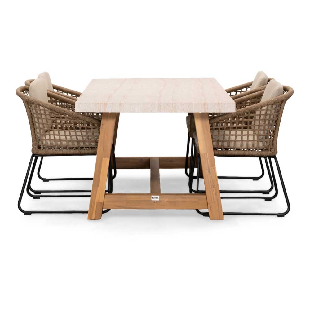 Velora/Tulum Sahara Dust dining tuinset | 4 personen | travertin + touw | 200cm
