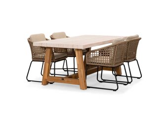 Velora/Tulum Sahara Dust dining tuinset | 4 personen | travertin + touw | 200cm