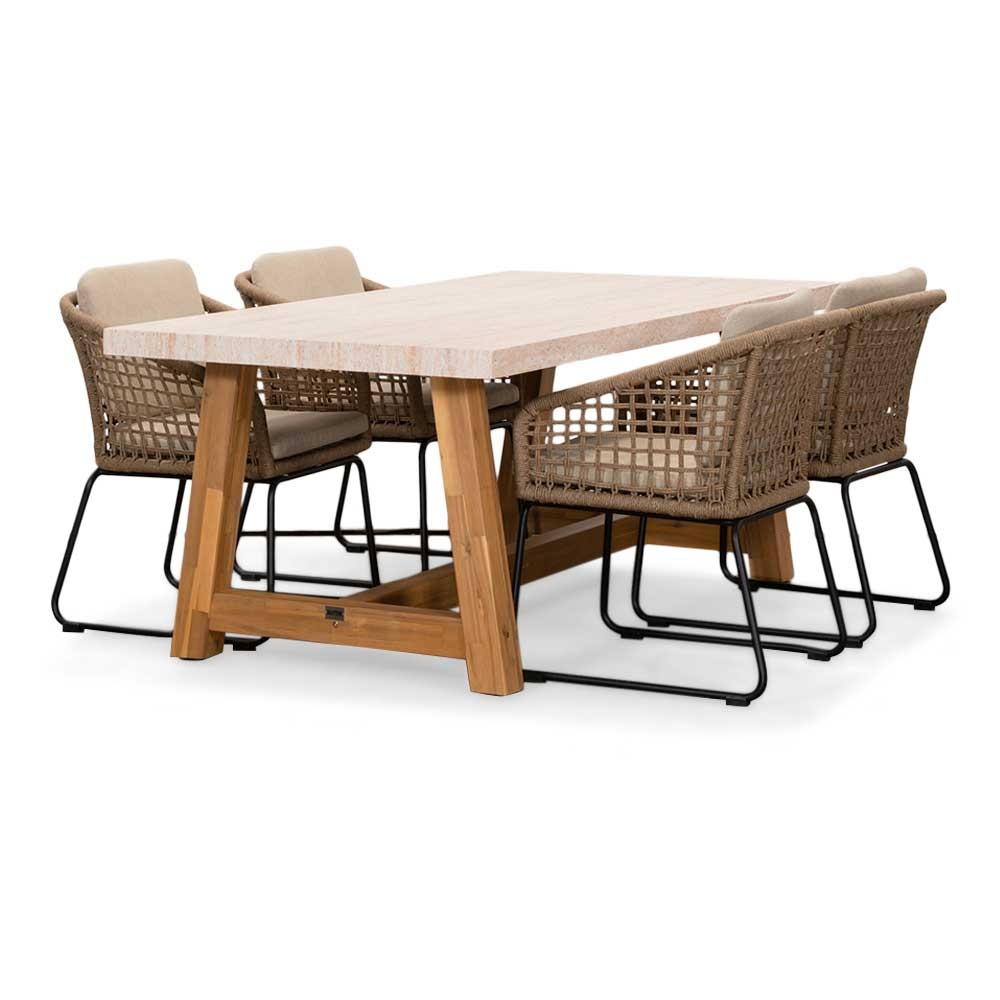 Velora/Tulum Sahara Dust dining tuinset | 4 personen | travertin + touw | 200cm