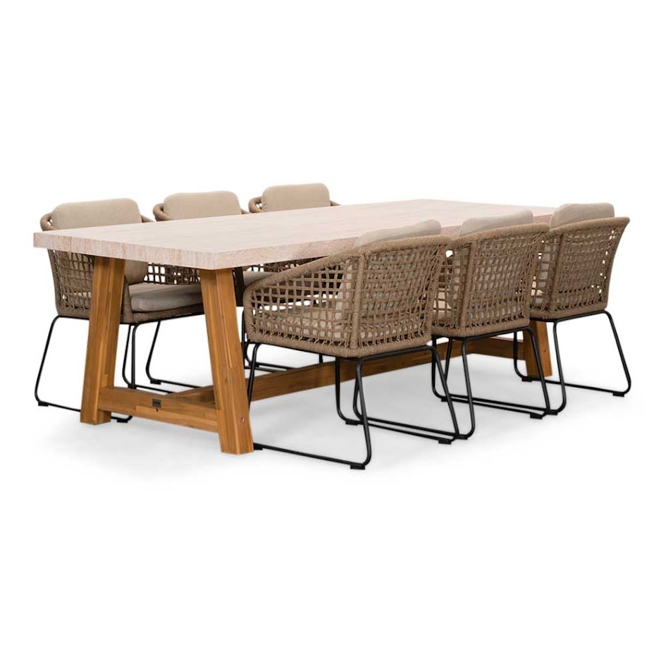 Veltis/Tulum Sahara Dust dining tuinset | 6 personen | travertin + touw | 250cm afbeelding