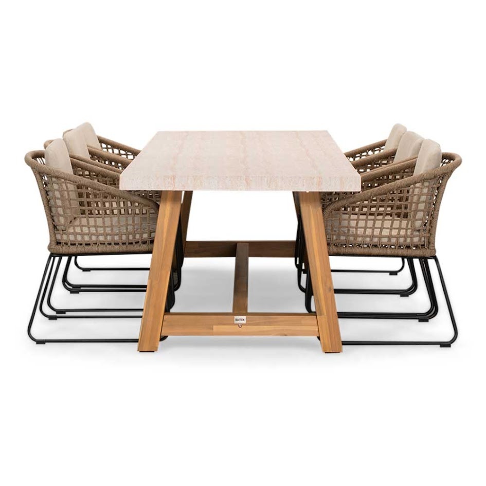 Velora/Tulum Sahara Dust dining tuinset | 6 personen | travertin + touw | 250cm