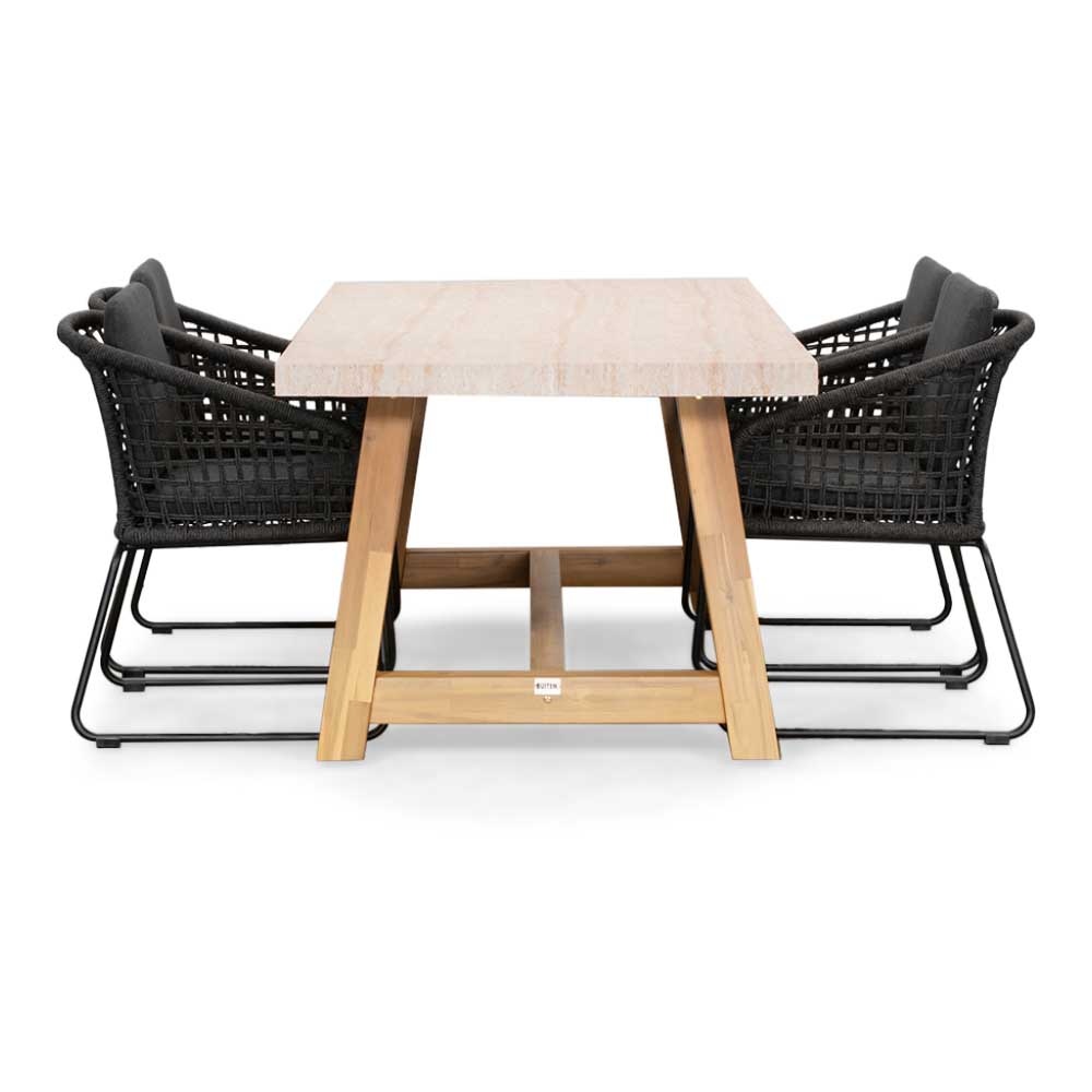 Velora/Tulum Lava Grey dining tuinset | 4 personen | travertin + touw | 200cm