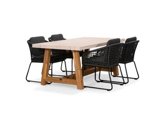 Velora/Tulum Lava Grey dining tuinset | 4 personen | travertin + touw | 200cm