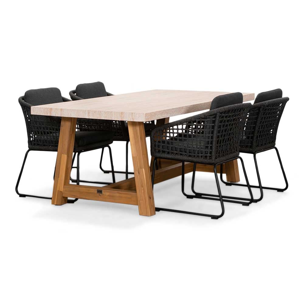 Velora/Tulum Lava Grey dining tuinset | 4 personen | travertin + touw | 200cm afbeelding