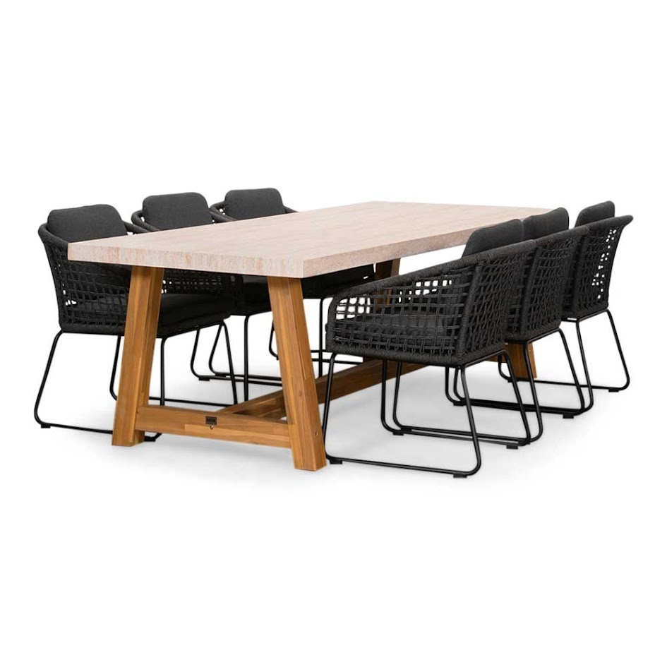 Velora/Tulum Lava Grey dining tuinset | 6 personen | travertin + touw | 250cm afbeelding