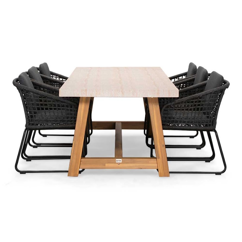 Velora/Tulum Lava Grey dining tuinset | 6 personen | travertin + touw | 250cm