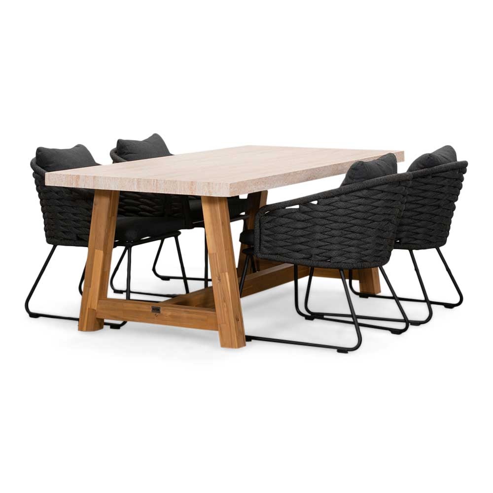Velora/Ropera Lava Grey dining tuinset | 4 personen | travertin + touw | 200cm