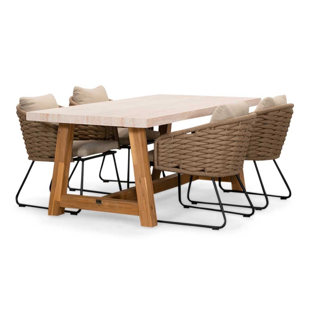 Velora/Ropera Sahara Dust dining tuinset | 4 personen | travertin + touw | 200cm