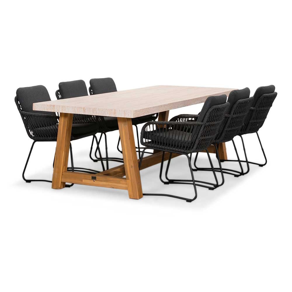 Velora/Harper Lava Grey dining tuinset | 6 personen | travertin + touw | 250cm afbeelding