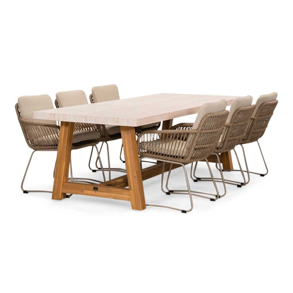 Velora/Harper Sahara Dust dining tuinset | 6 personen | travertin + touw | 250cm afbeelding