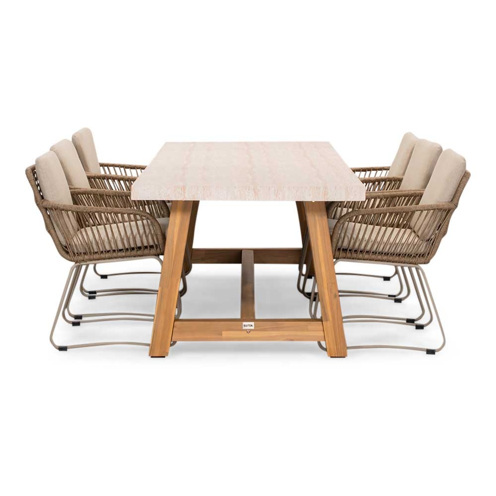 Velora/Harper Sandstone dining tuinset | 6 personen | travertin + touw | 250cm