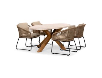 Lorento/Tulum Sahara Dust dining tuinset | 4 personen | travertin + touw | 200cm