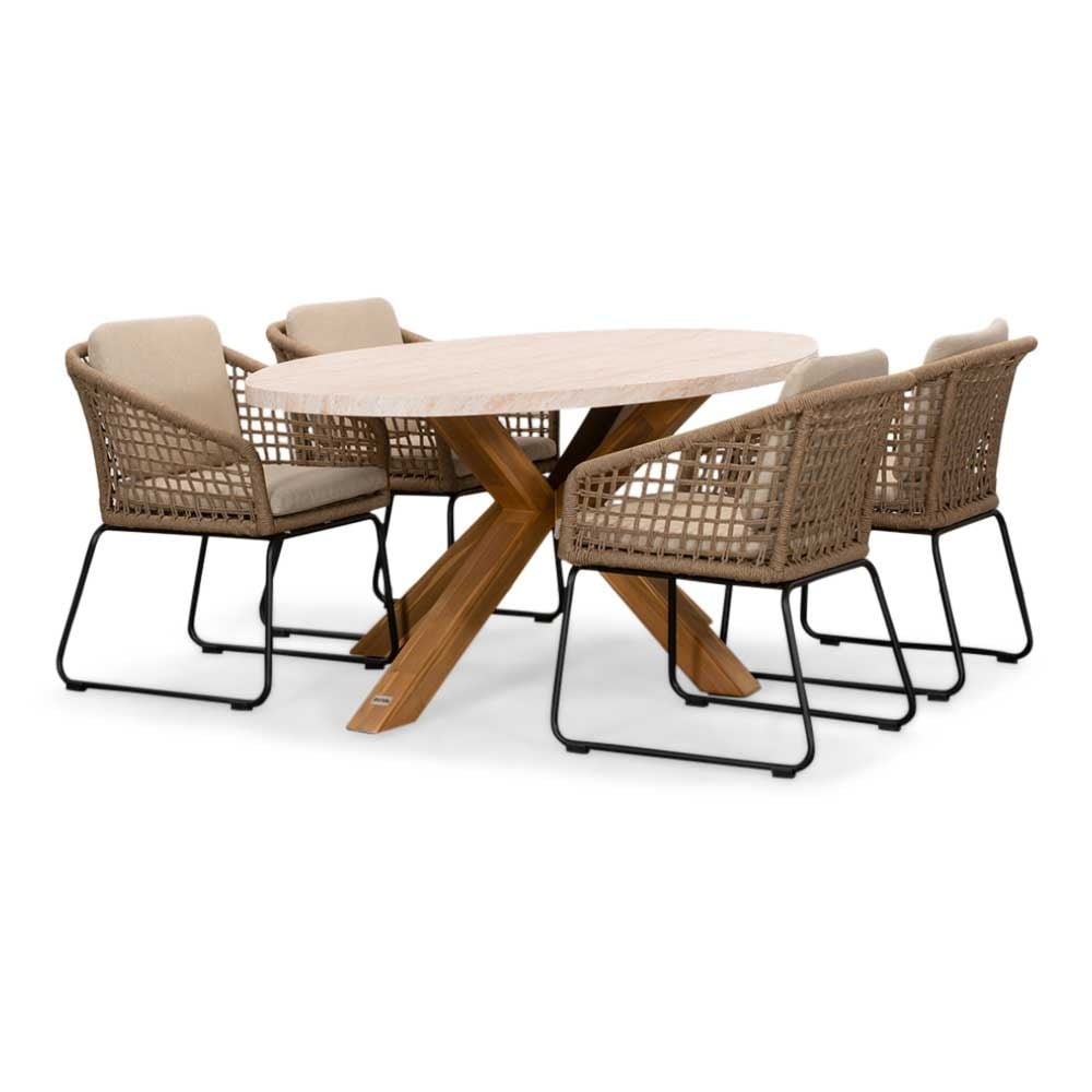 BUITEN living Lorento/Tulum Sahara Dust dining tuinset | 4 personen | travertin + touw | 200cm – Zand