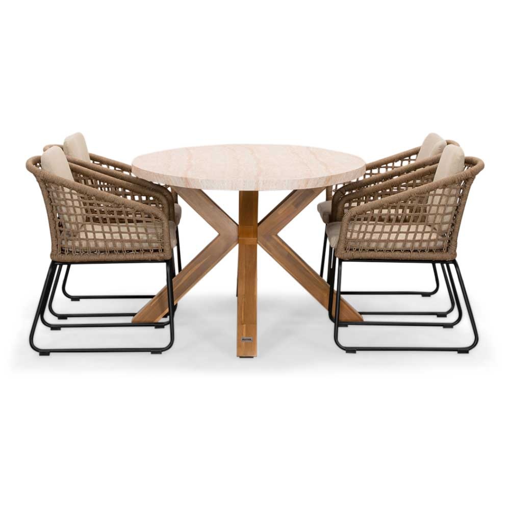 Lorento/Tulum Sahara Dust dining tuinset | 4 personen | travertin + touw | 200cm