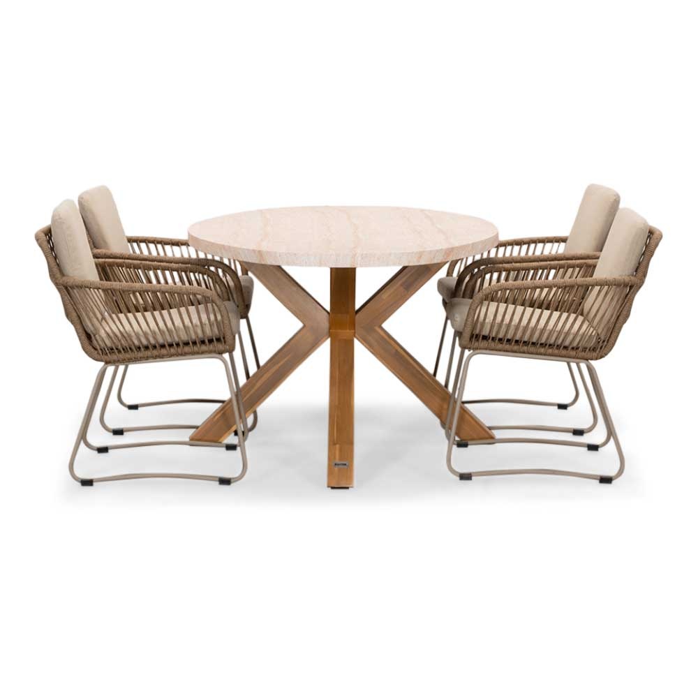 Lorento/Harper Sandstone dining tuinset | 4 personen | travertin + touw | 200cm