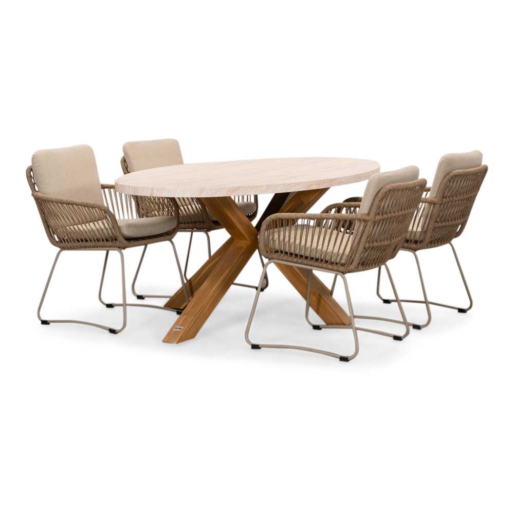 Lorento/Harper Sandstone dining tuinset | 4 personen | travertin + touw | 200cm