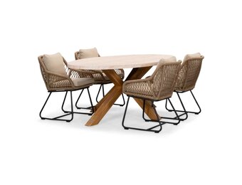 Lorento/Portofino Sahara Dust dining tuinset | 4 personen | travertin + touw | 200cm