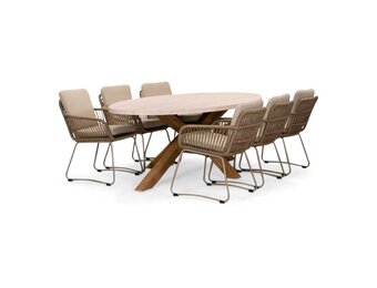 Lorento/Harper Sahara Dust dining tuinset | 6 personen | travertin + touw | 240cm