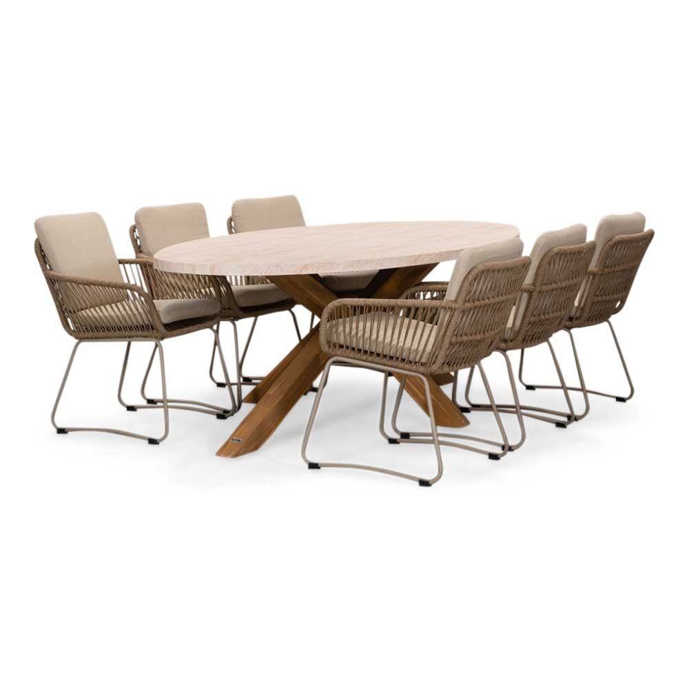 Lorento/Harper Sahara Dust dining tuinset | 6 personen | travertin + touw | 240cm