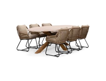 Lorento/Portofino Sahara Dust dining tuinset | 6 personen | travertin + touw | 240cm