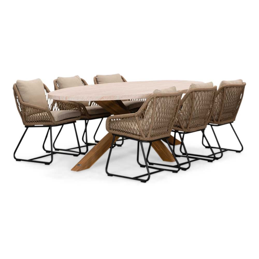 Lorento/Portofino Sahara Dust dining tuinset | 6 personen | travertin + touw | 240cm