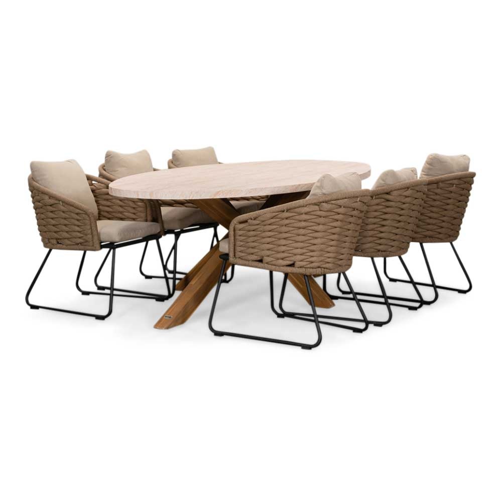 Lorento/Ropera Sahara Dust dining tuinset | 6 personen | travertin + touw | 240cm