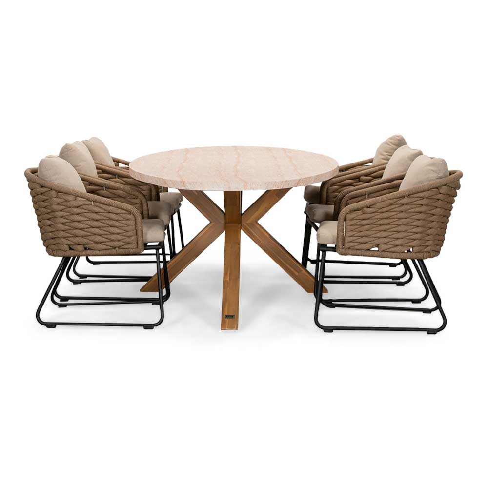 Lorento/Ropera Sahara Dust dining tuinset | 6 personen | travertin + touw | 240cm