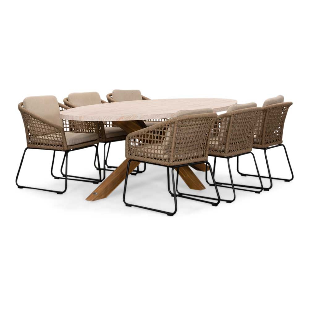 Lorento/Tulum Sahara Dust dining tuinset | 6 personen | travertin + touw | 240cm