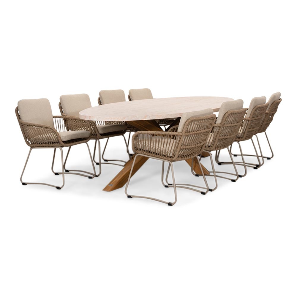 Lorento/Harper Sahara Dust dining tuinset | 8 personen | travertin + touw | 280cm