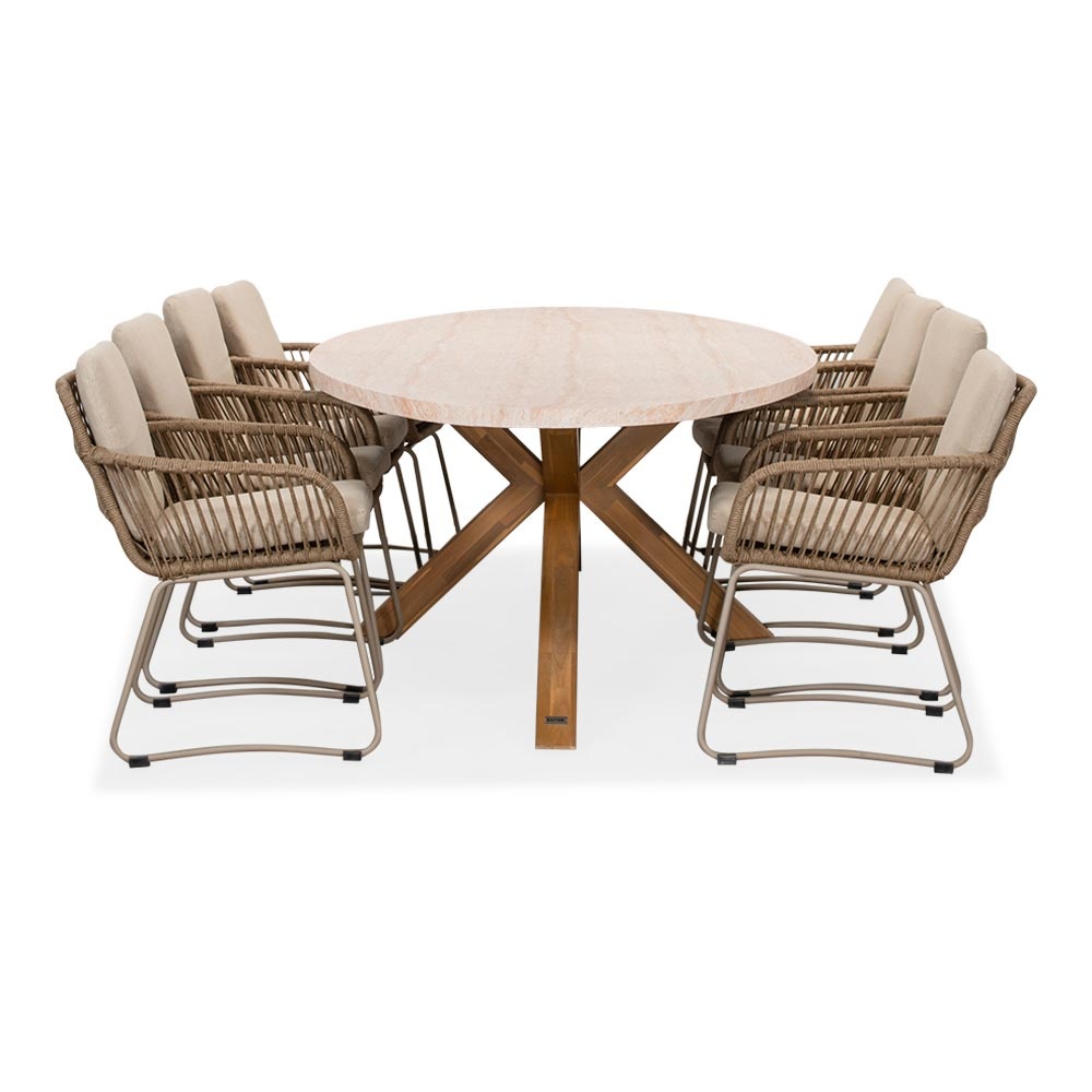 Lorento/Harper Sandstone dining tuinset | 8 personen | travertin + touw | 280cm