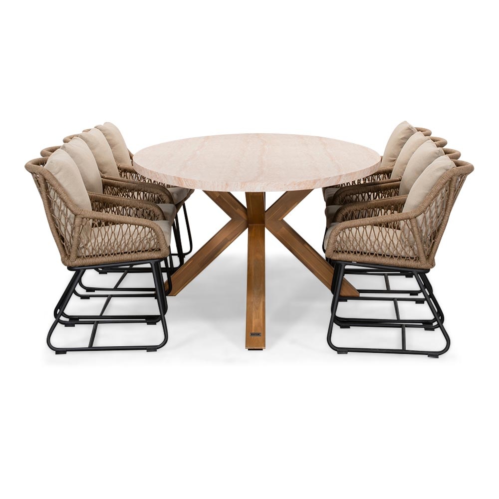Lorento/Portofino Sahara Dust dining tuinset | 8 personen | travertin + touw | 280cm